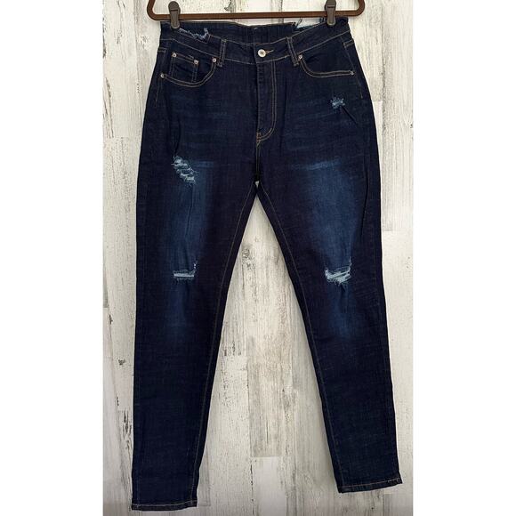 Pantalon Womens Jeans Size XL (30x30) Dark Wash Distressed Tapered Leg Stretchy - Picture 1 of 9